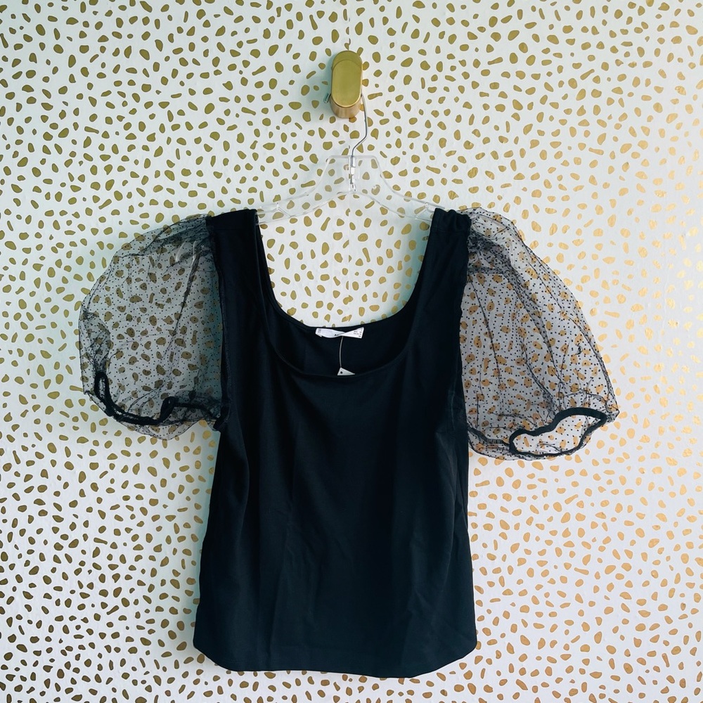 NWT Mango Square Neck Mesh Sheer Puff Sleeve Top - Picture 9 of 9